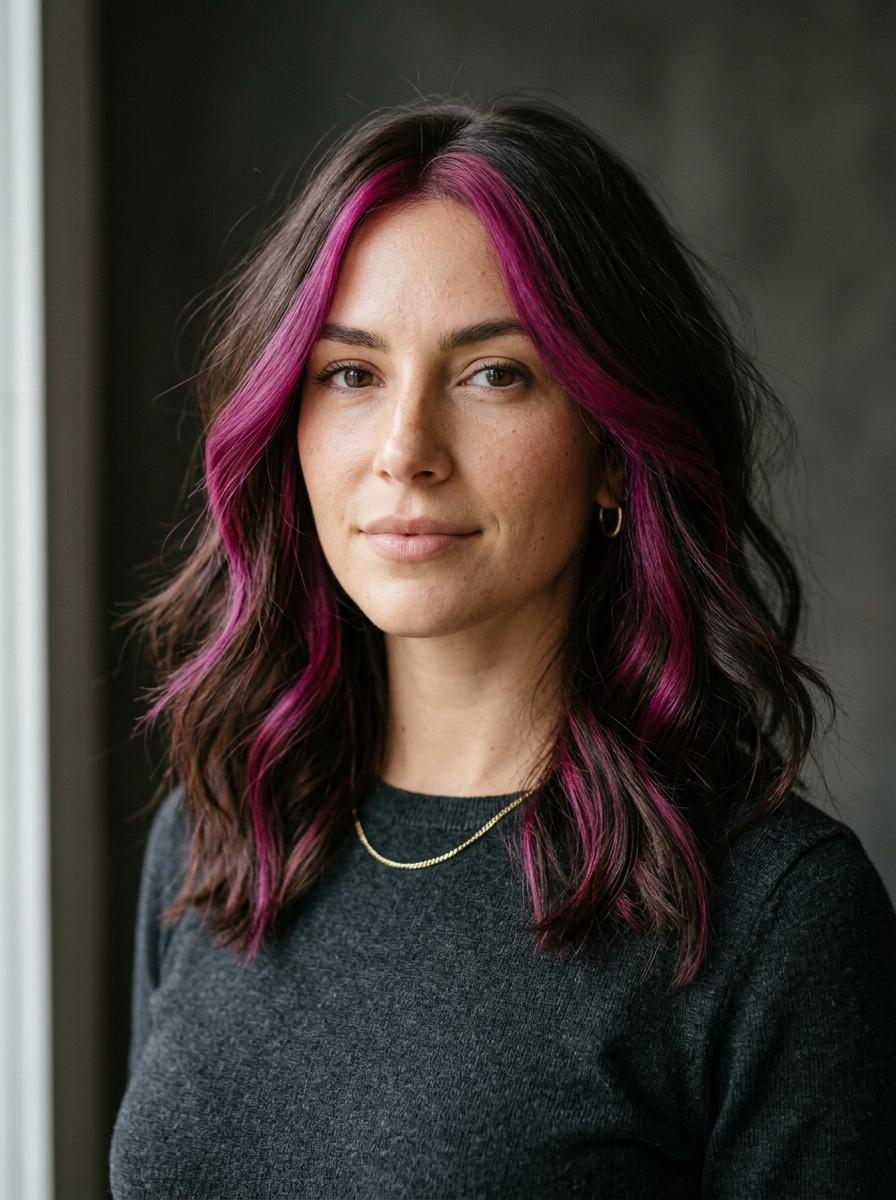 Magenta Strähnen für starken Kontrast - pinke Strähnen Idee